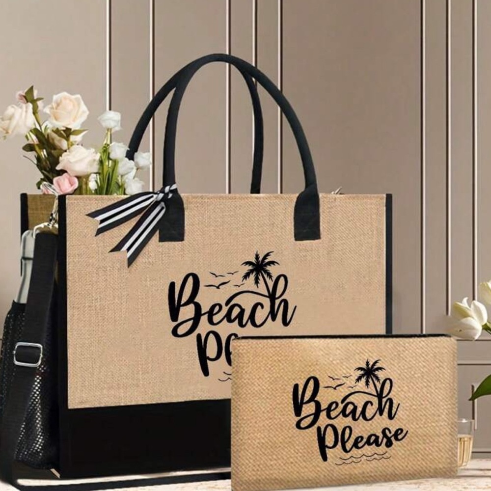SALE!! Was $35 now $25. Tan and Black Beach Please Tote Bags